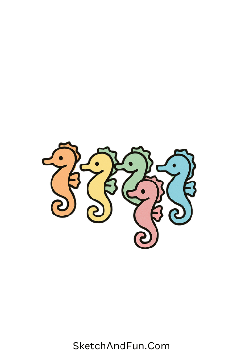 A drawing of tiny colorful seahorses floating together like a parade, marine life drawing ideas