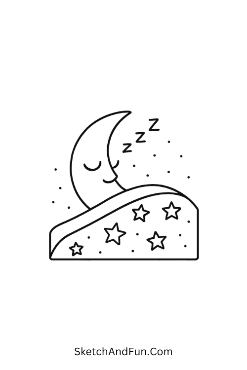 A doodle of a crescent moon under a starry blanket sleeping, space doodle challenge