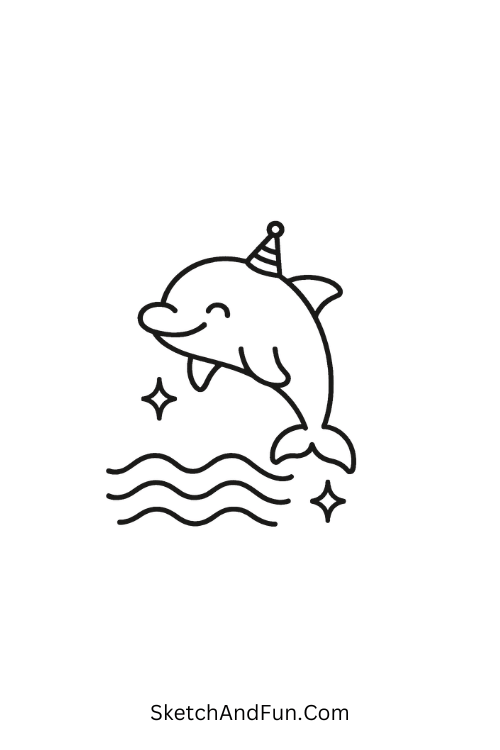 A drawing of a playful dolphin jumping over waves with a party hat, easy ocean drawing for kids
