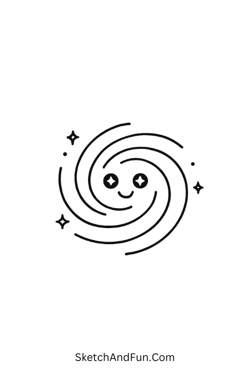 A doodle of a smiling spiral galaxy with sparkly eyes, doodle art space theme