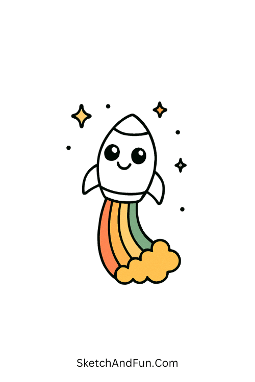 A doodle of a tiny rocket blasting through a rainbow starry sky, rocket doodle art