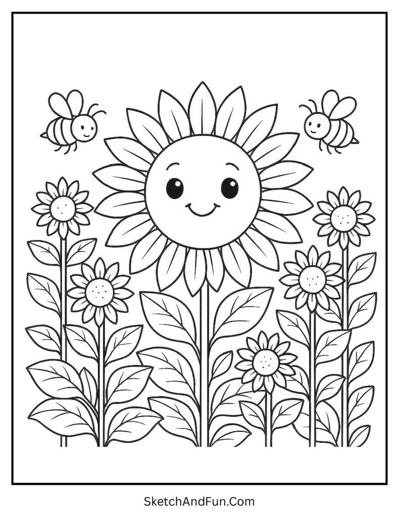 A coloring page of a happy sunflower with baby blooms and bees, sunflower coloring page