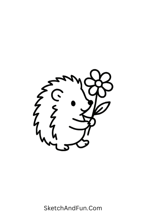 A tiny hedgehog carrying a spring flower, April drawing challenge list