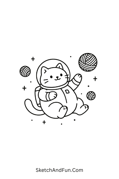 A doodle of a cat in an astronaut suit chasing planet yarn balls, space drawings for kids