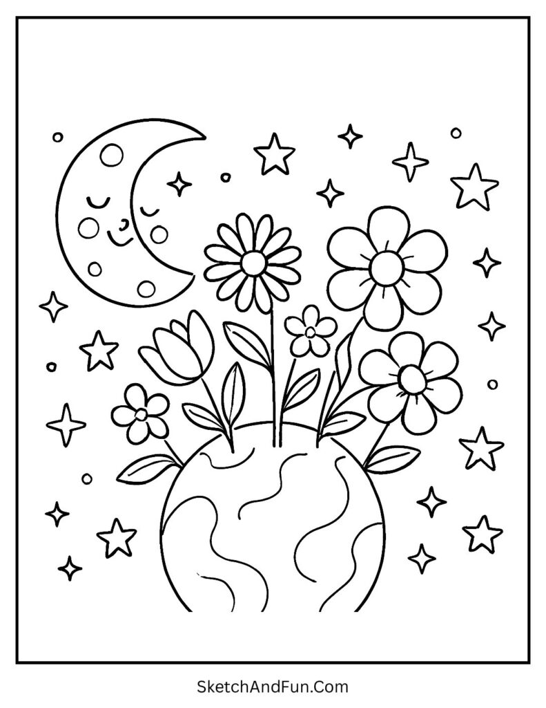 A coloring page of flowers on a small space planet, free printable flower coloring pages