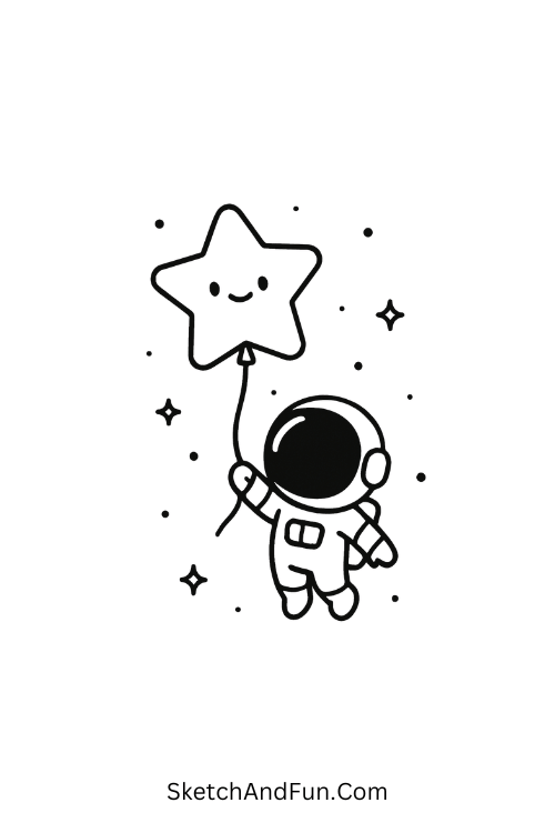 A doodle of a star-shaped balloon floating with a tiny astronaut, drawing space icons