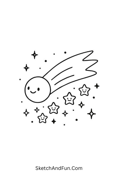 A doodle of a tiny comet sprinkling little stars across the sky, space doodle ideas