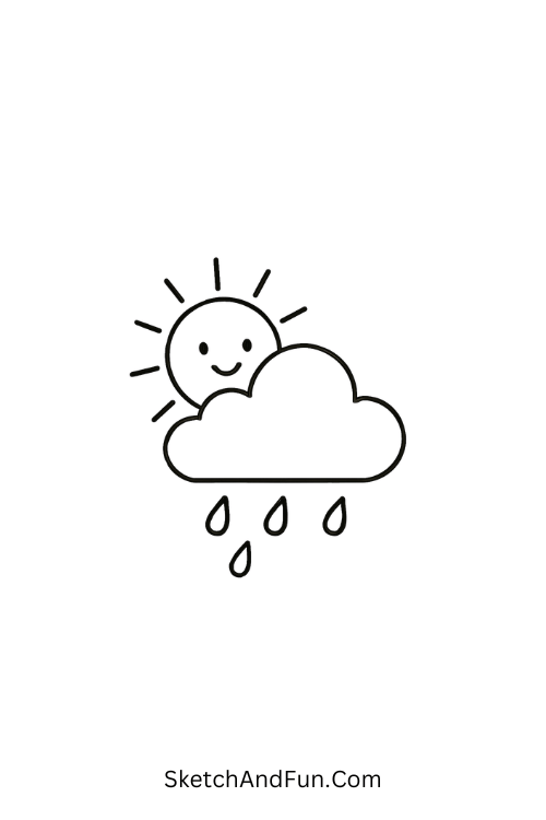 A smiling sun peeking from a rainy cloud, seasonal spring sketch ideas