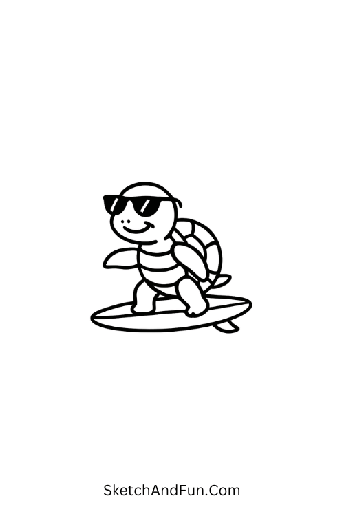 A drawing of a small turtle riding a surfboard with sunglasses, ocean drawing step by step