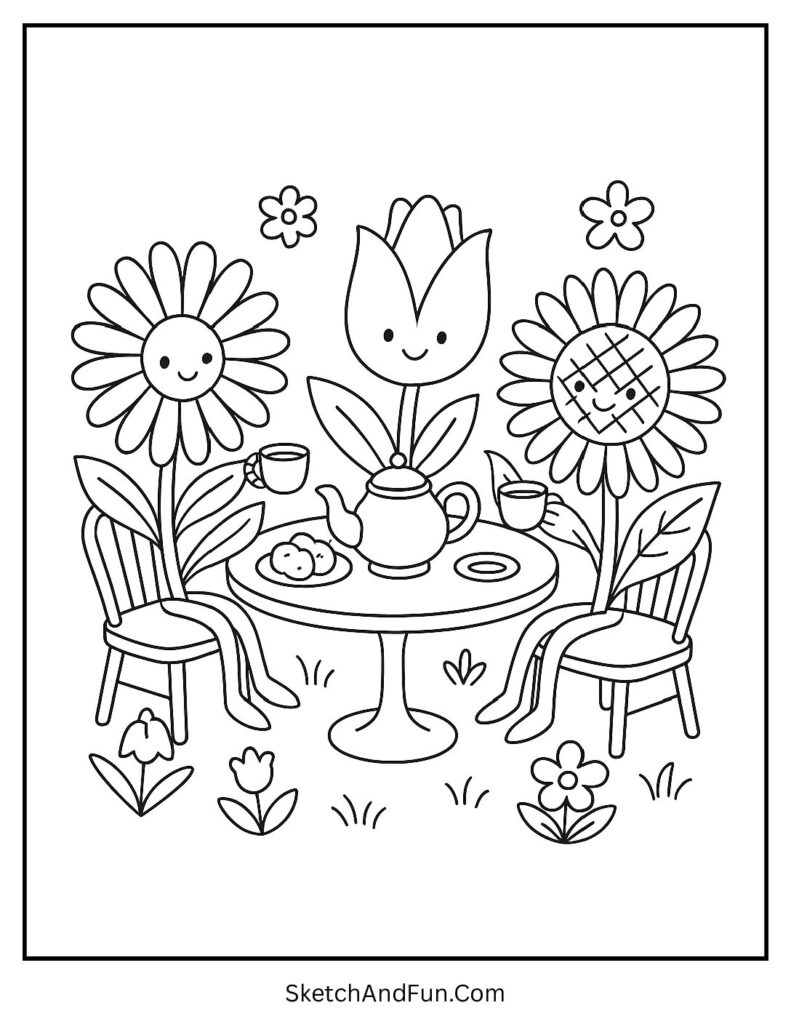 A coloring page of flowers having a tea party, beautiful flower coloring pages