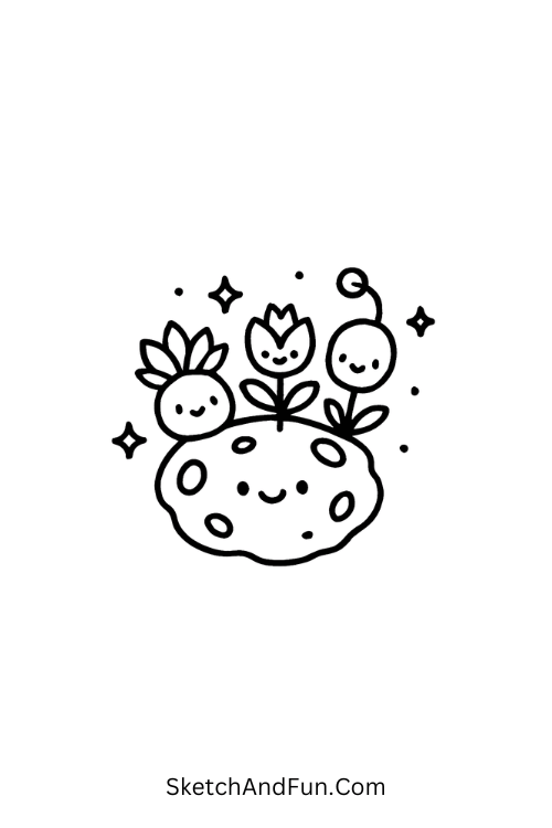 A doodle of little alien plants growing on an asteroid with faces, space doodle art