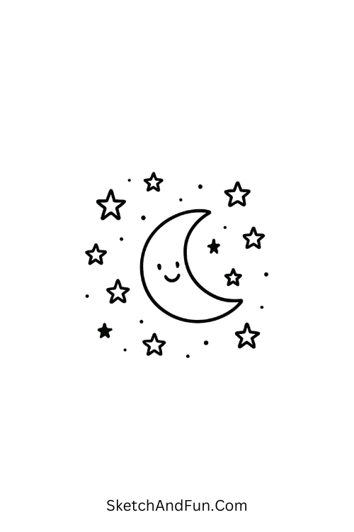 Scattered stars with a smiling crescent moon, Leuke doodles for beginners