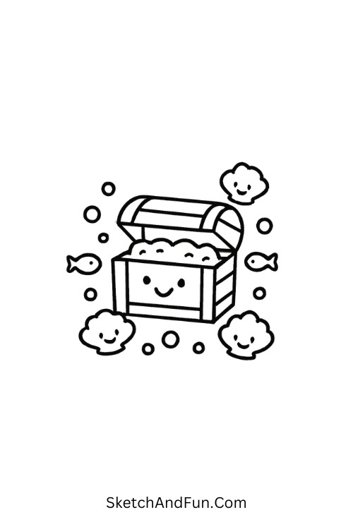 A drawing of a smiling treasure chest with clams, tiny fish, and bubbles, ocean and beach drawing ideas