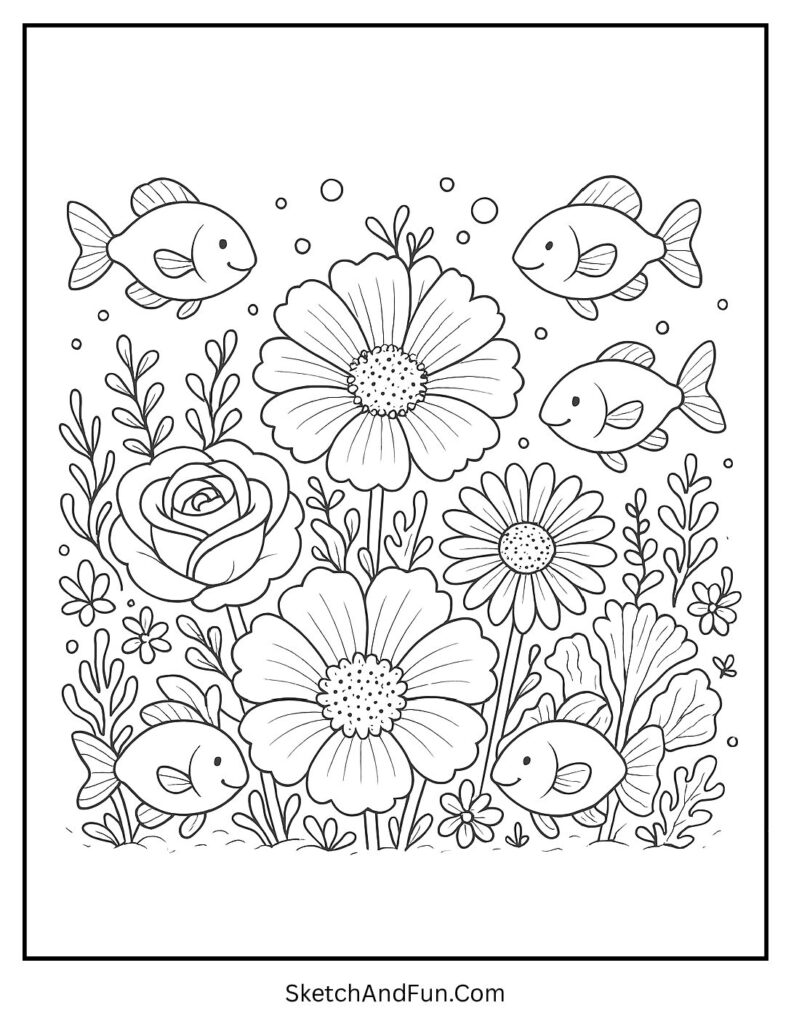A coloring page of underwater flowers with smiling fish, aesthetic flower coloring pages
