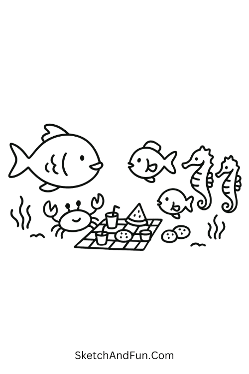 A drawing of fish, crabs, and seahorses having a tiny picnic underwater, ocean pencil drawing