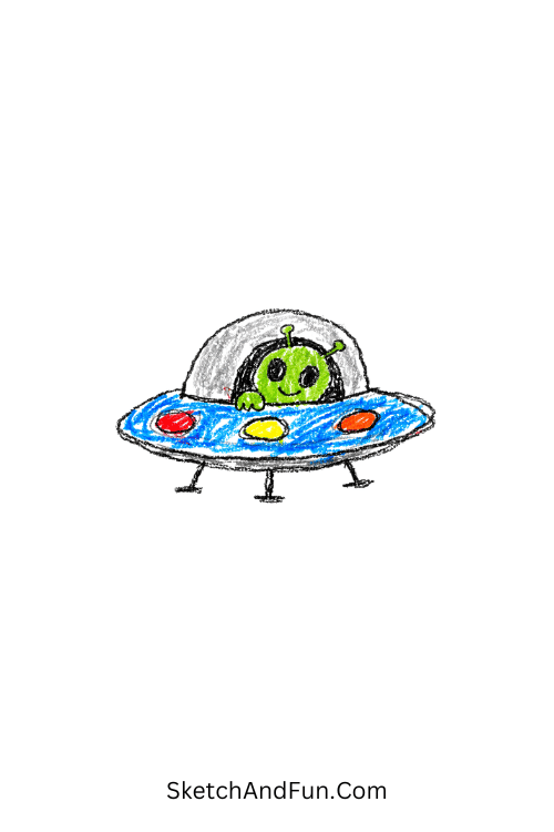 A doodle of a curious alien peeking from a UFO window, science doodle background