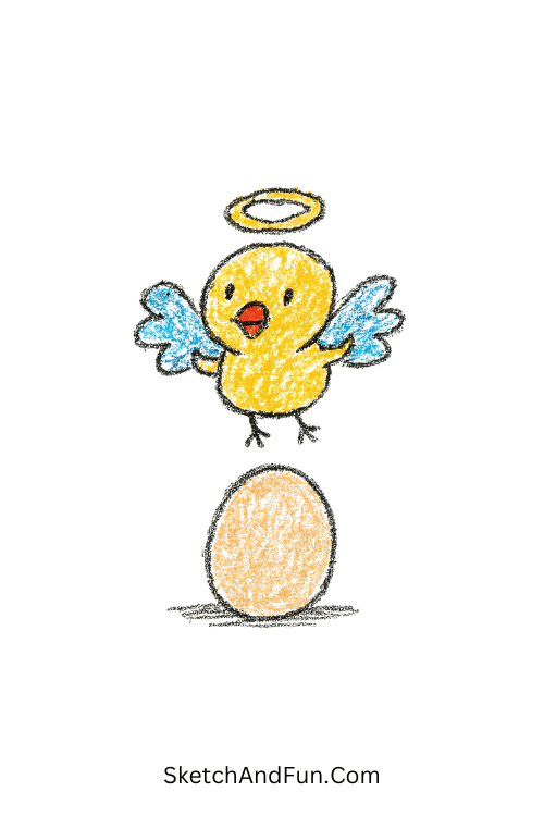 A drawing of a tiny chick floating with a halo and wings above an egg, Easter chick art ideas for social media