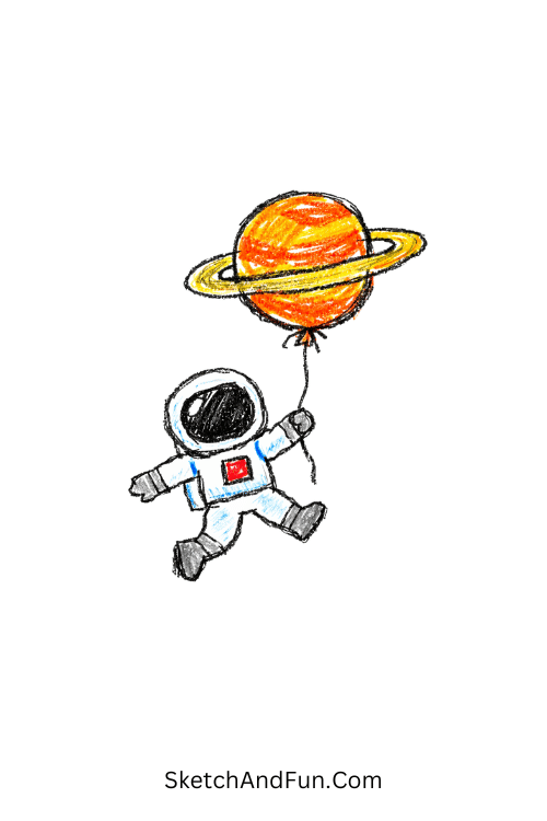 A doodle of a tiny astronaut holding a planet like a balloon, science doodles vector