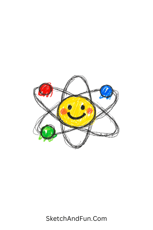 A doodle of a tiny atom with a happy face and orbit lines, science doodles