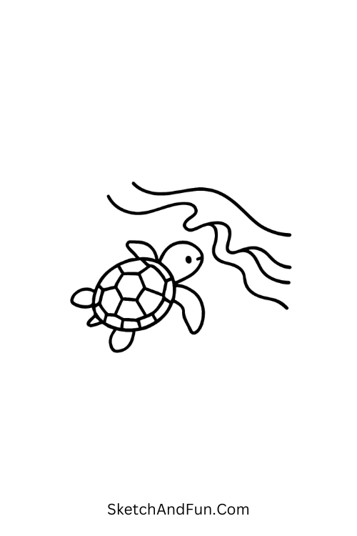 A doodle of a baby sea turtle near waves, easy beach doodles for beginners