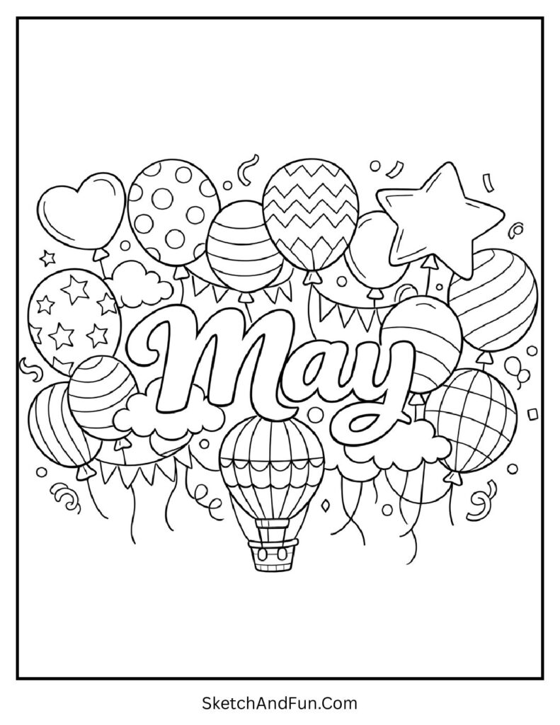 A coloring page of colorful balloons with “May” floating, May mandala coloring pages
