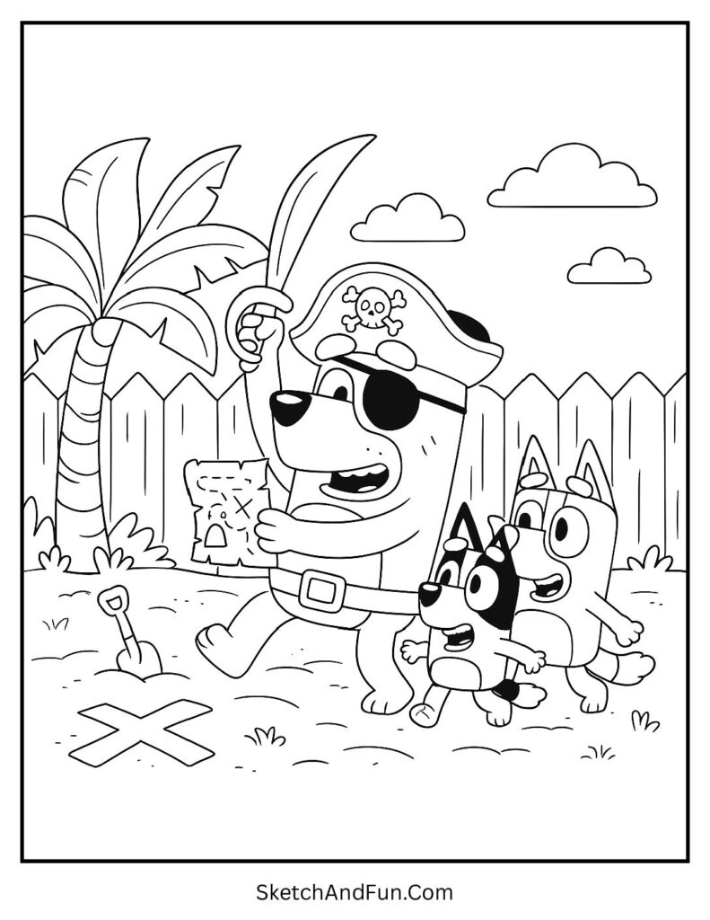 A coloring page of Bandit leading a backyard pirate treasure hunt, Bluey backyard activity coloring
