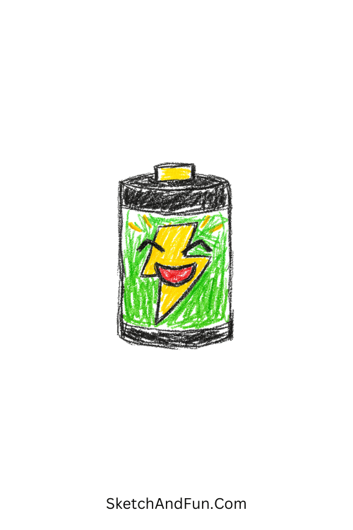 A doodle of a battery with a lightning bolt face showing energy, physics doodles easy