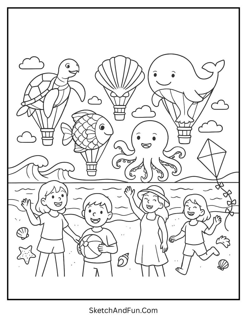 A coloring page of colorful ocean-themed balloons floating above beachgoers, seaside coloring pages printable
