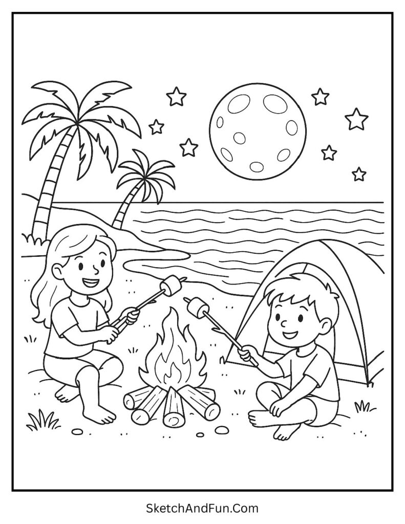 A coloring page of kids roasting marshmallows by a tent under moonlight, summer vacation beach coloring print