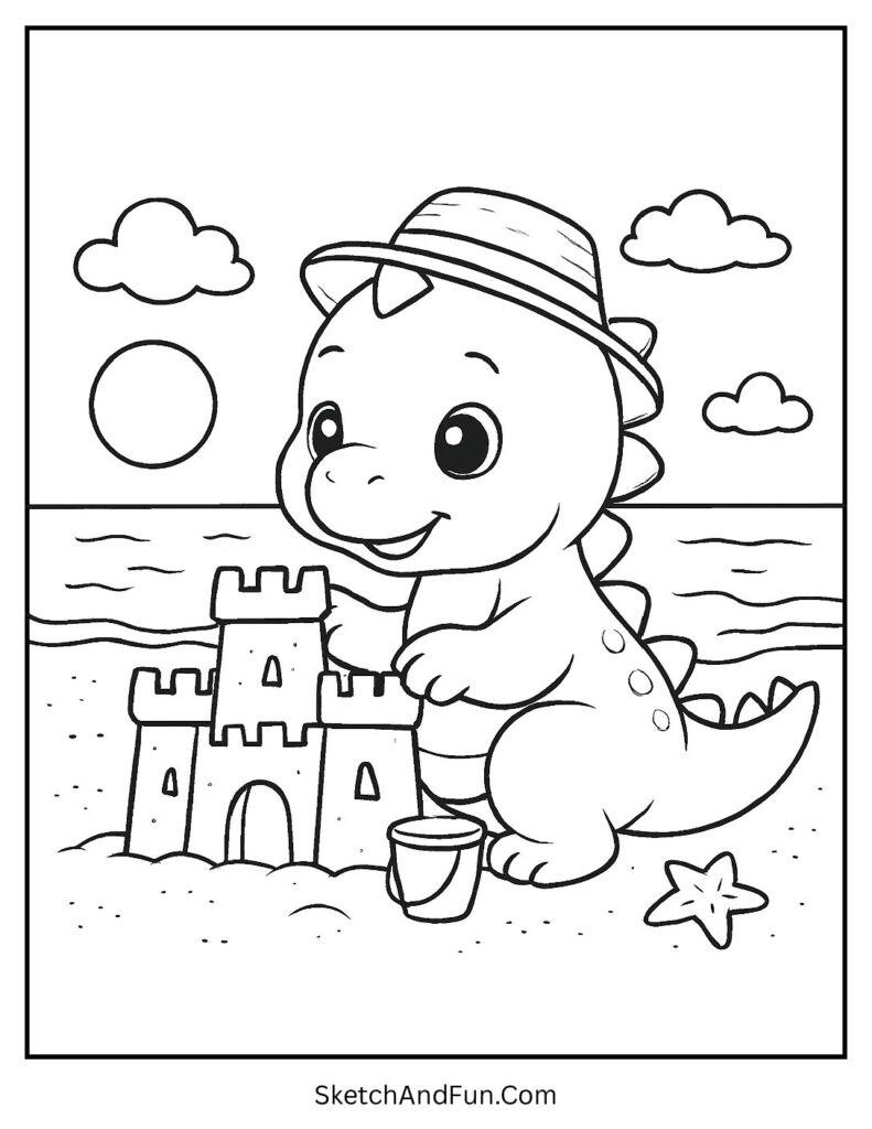 A coloring page of a tiny dinosaur wearing a beach hat building a sandcastle, beach coloring sheets for toddlers