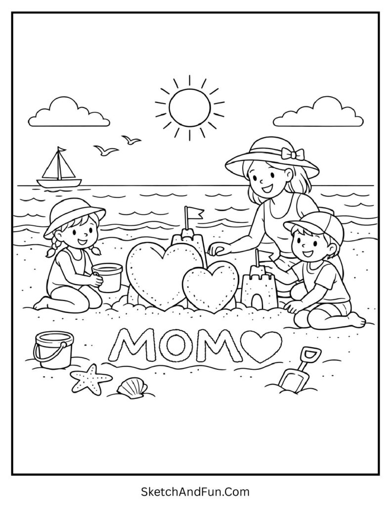 A coloring page of heart-shaped sandcastles on beach with mom, simple mothers day coloring pages