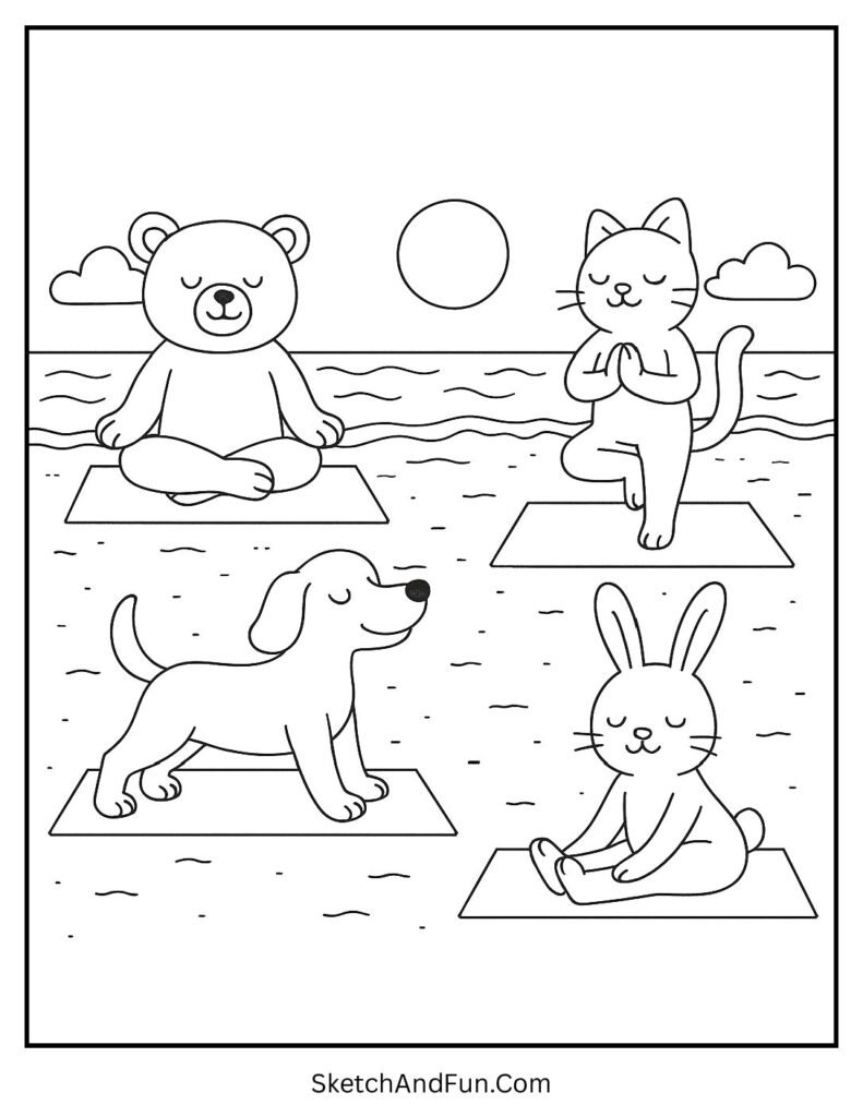 A coloring page of cute animals doing yoga poses on mats by calm waves, beach coloring pages easy