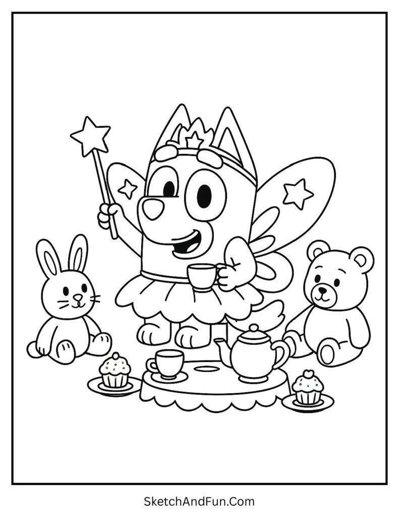 A coloring page of Bingo hosting a fairy tea party with toys, Bluey theme party coloring sheets