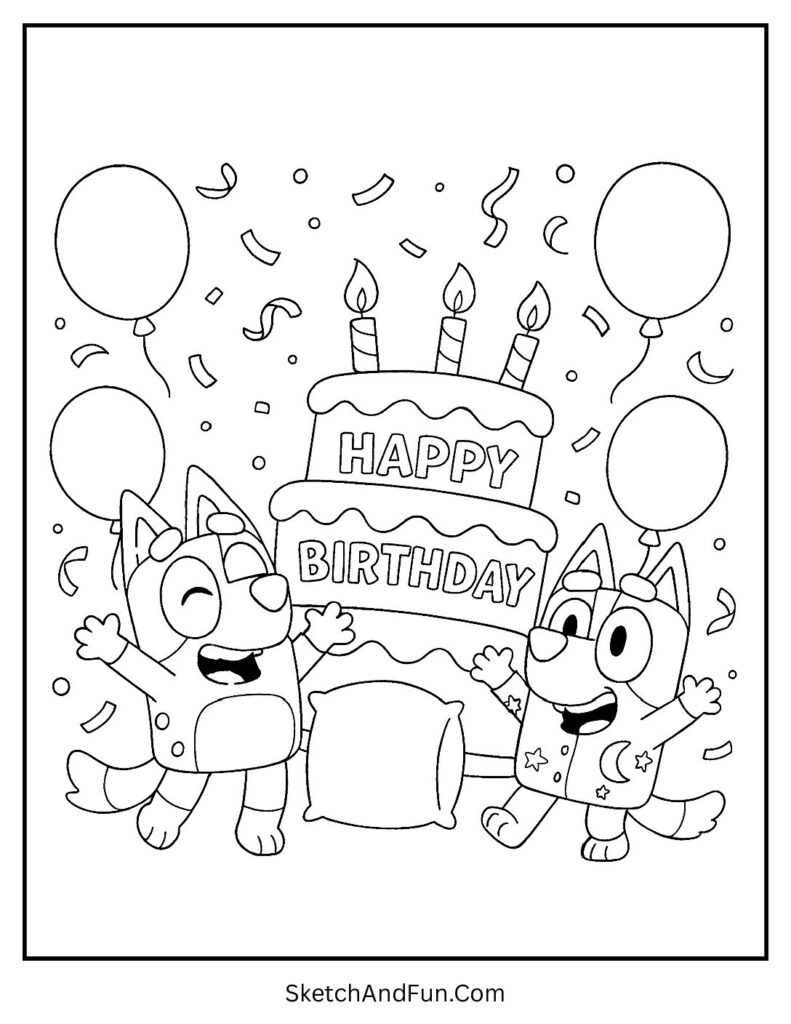 A coloring page of Bingo celebrating with cake and balloons, Bluey birthday coloring pages