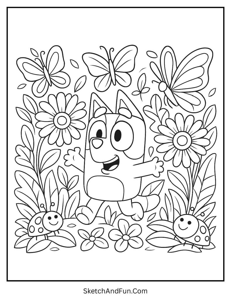 A coloring page of Bingo chasing butterflies in a magical garden, Bluey and Bingo hug coloring