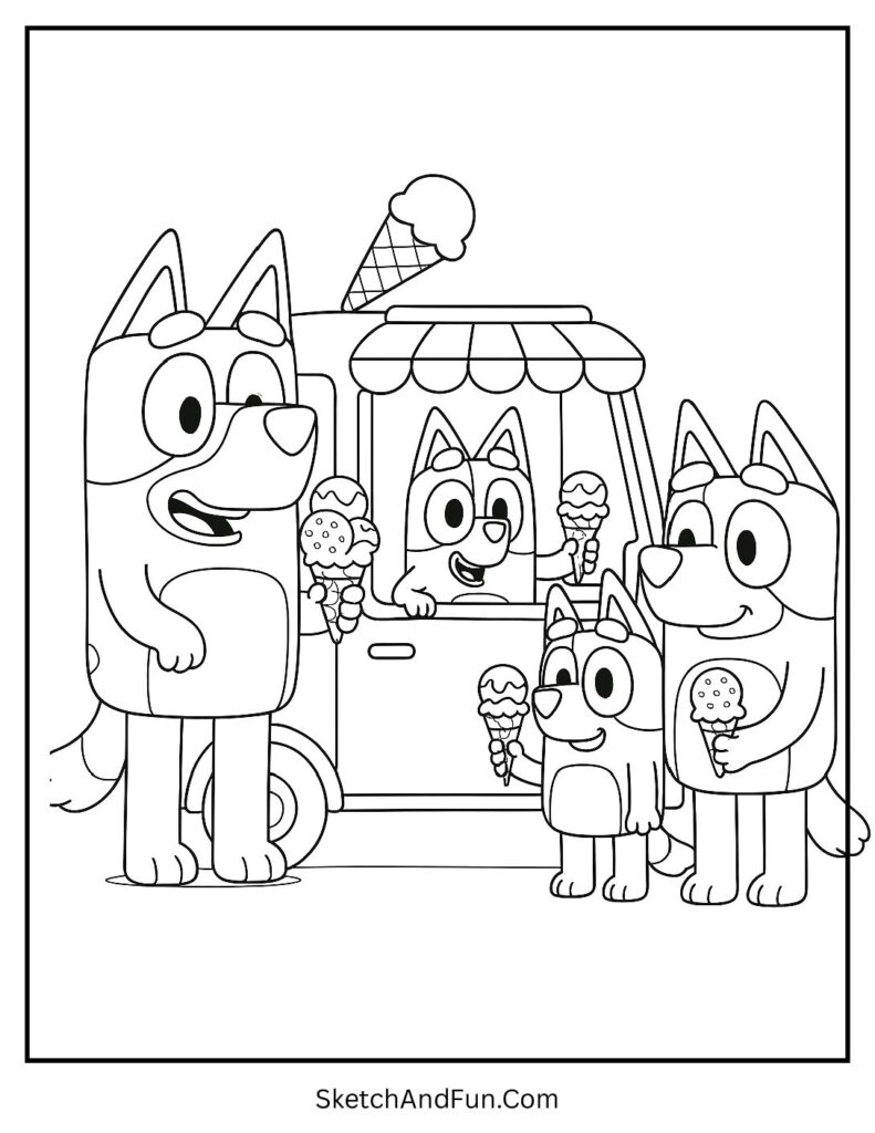 A coloring page of Bingo serving rainbow ice cream cones to family, Bluey coloring pages Disney