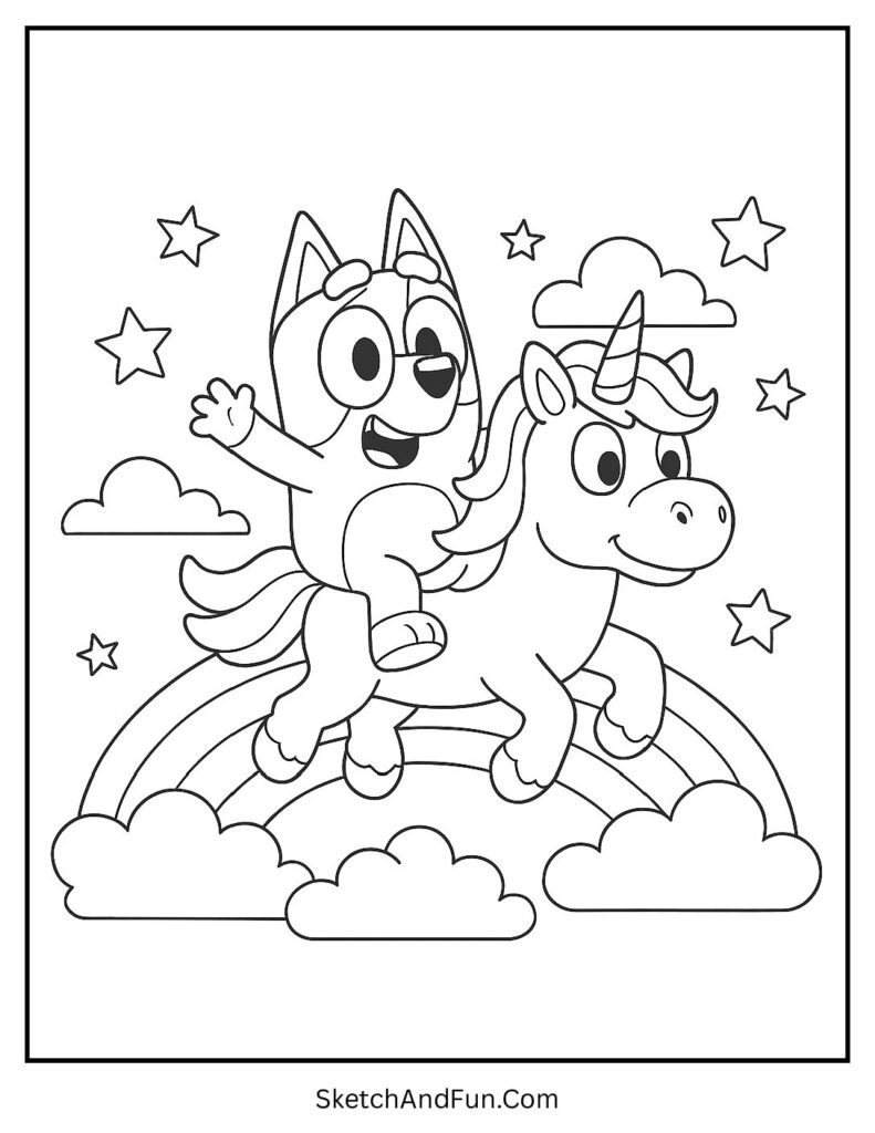 A coloring page of Bingo riding a fluffy unicorn across rainbow clouds, Bluey Emmy coloring pages