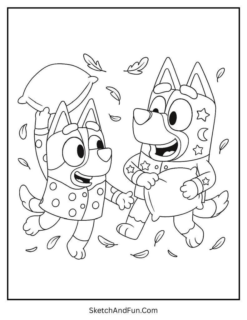 A coloring page of Bingo and Bluey having a pillow fight in pajamas, Bluey Christmas coloring pages