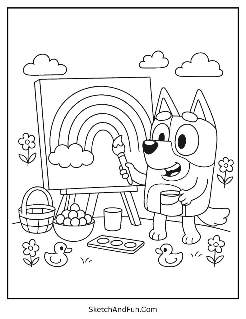 A coloring page of Bingo painting a huge rainbow on canvas outdoors, Bluey and Bingo coloring pages