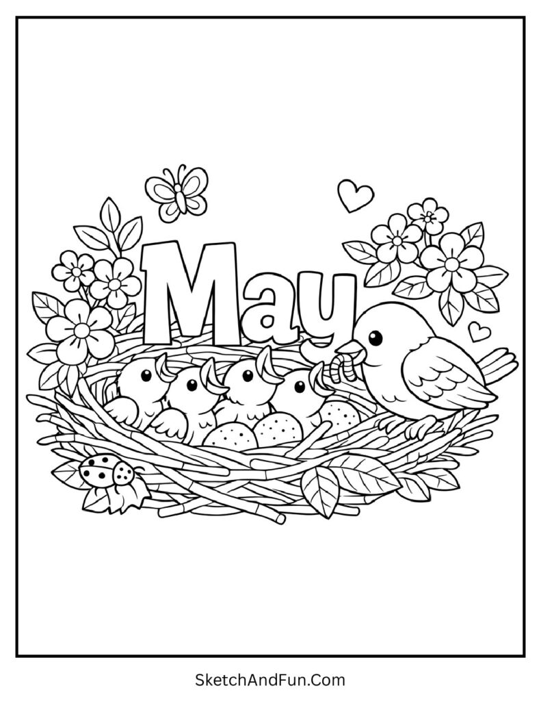 A coloring page of baby birds under “May” in a nest, May educational coloring printables