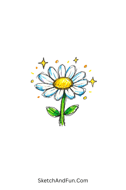 A doodle of blooming daisy with sparkles, may doodles flowers