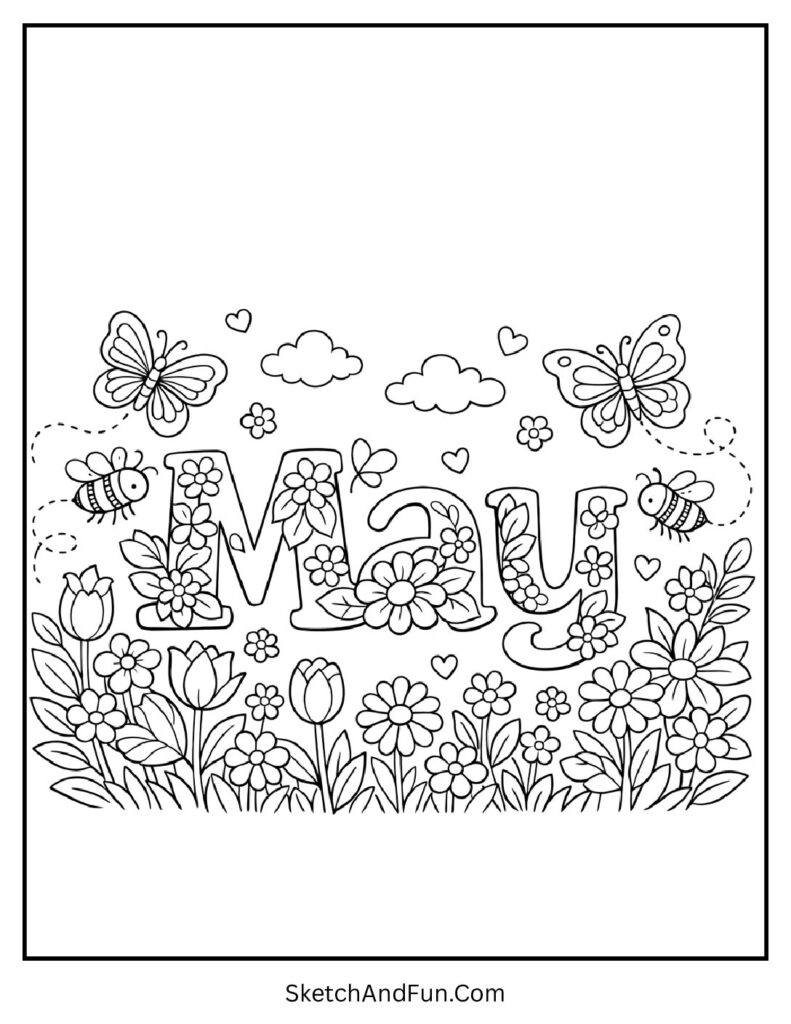 A coloring page of “May” with flowers, butterflies, and bees, May flowers coloring pages