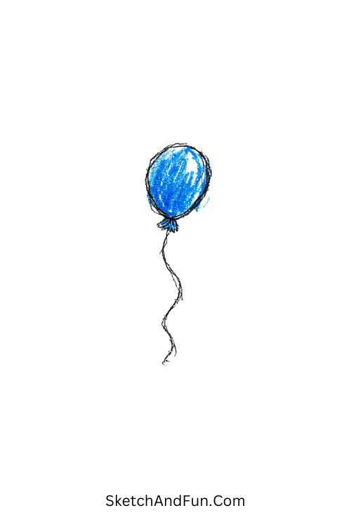 A single balloon floating with a thin string, blue doodle background
