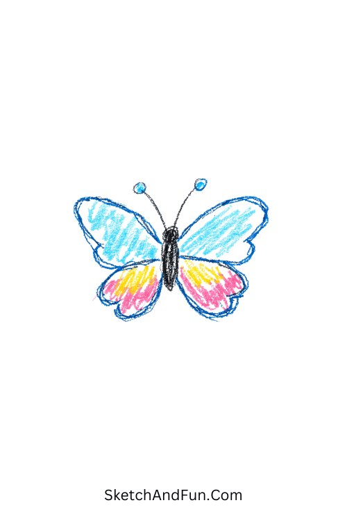 A delicate butterfly with thin blue lines, blue doodle icons