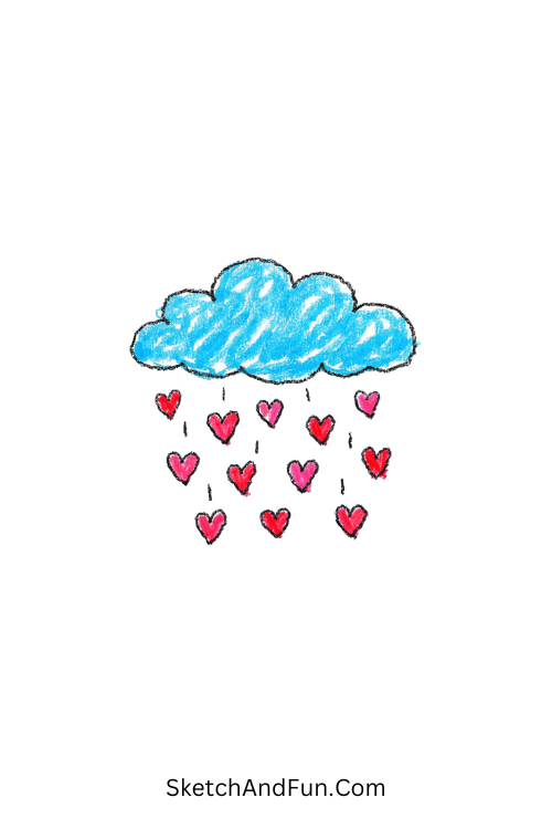 A soft fluffy cloud with heart-shaped raindrops, blue doodles for kids