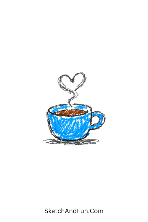 A coffee cup with heart-shaped steam swirl, cute blue doodles