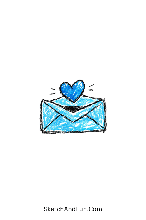 An open envelope with a floating heart, blue doodle download