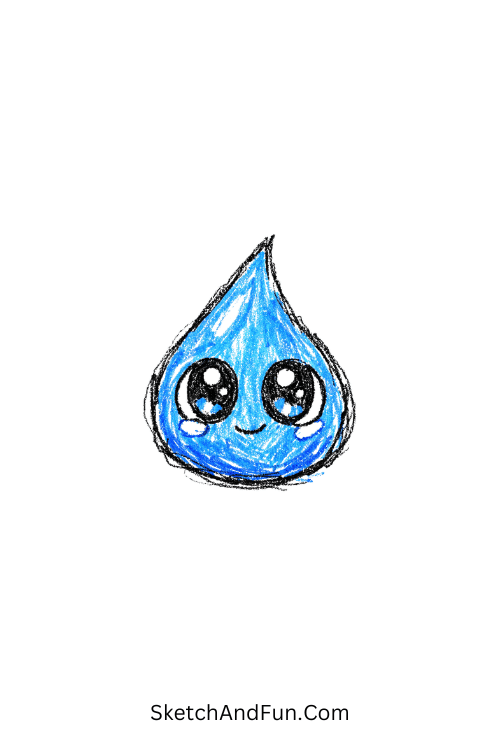 A raindrop with shiny little eyes, simple blue doodles