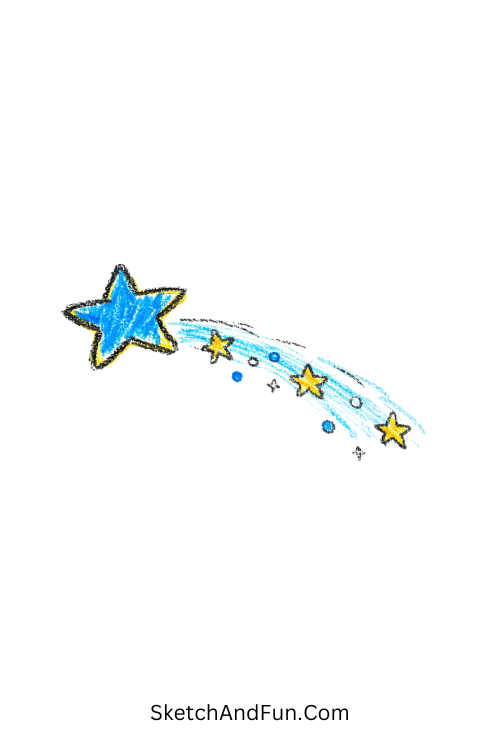 A tiny star with a sparkling trail, blue doodles art