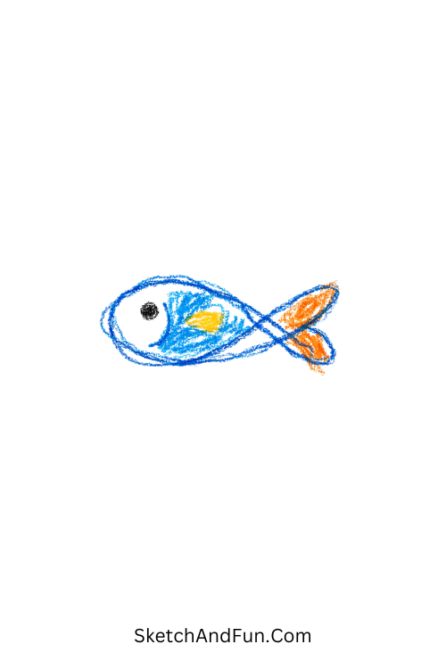 A small fish drawn in a continuous loop, blue doodle patterns